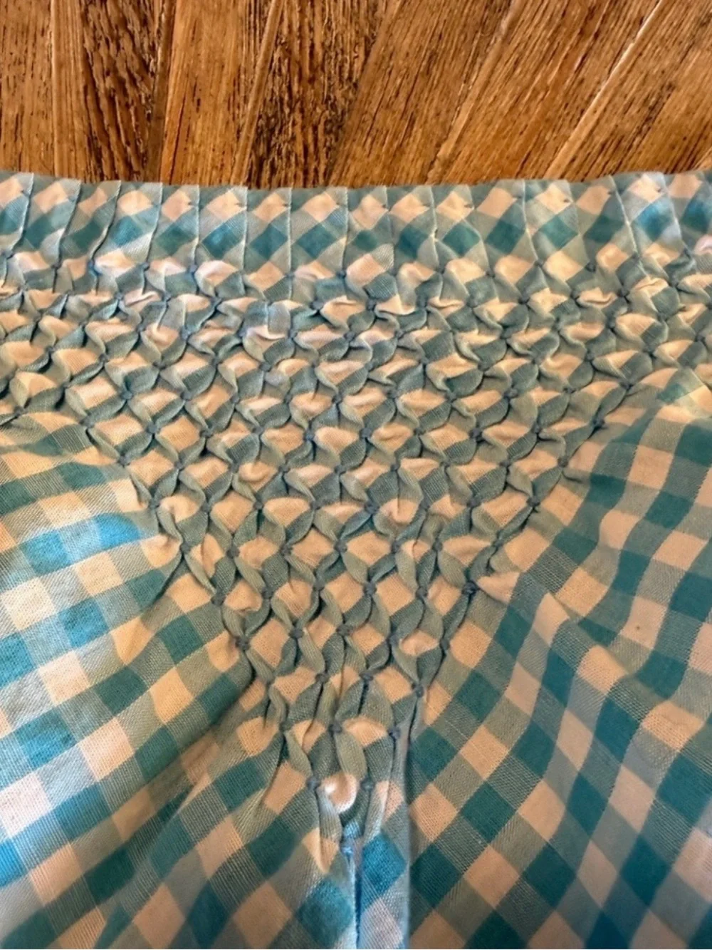 Vintage Blue Gingham Smocked Half Apron Tie Waist Pocket Cottagecore Prairie 50s